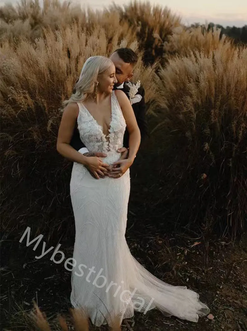 Sexy V-neck Sleeveless Mermaid Floor Length Wedding Dresses, WDY0359