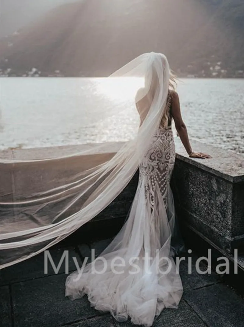 Sexy V-neck Spaghetti straps Mermaid Lace appique Wedding Dresses, WDY0237