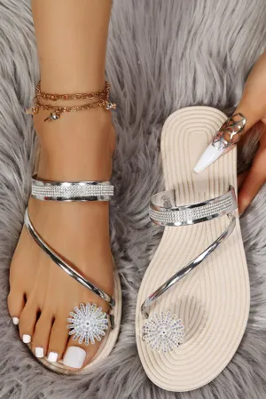 Silver Rhinestone Toe Ring Flat Sandals