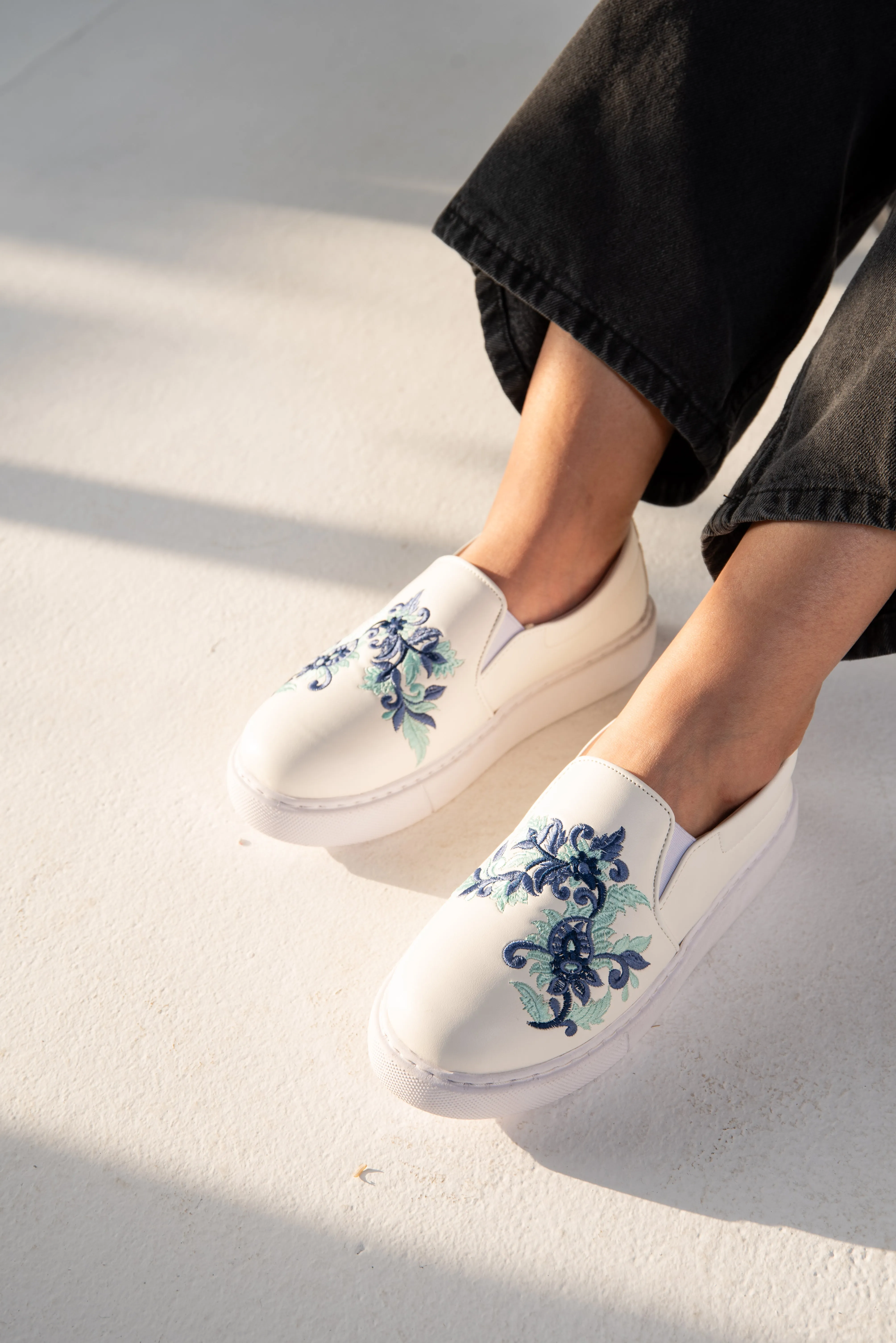 Slip-On Flower Embroidered BabyBlue Sneaker