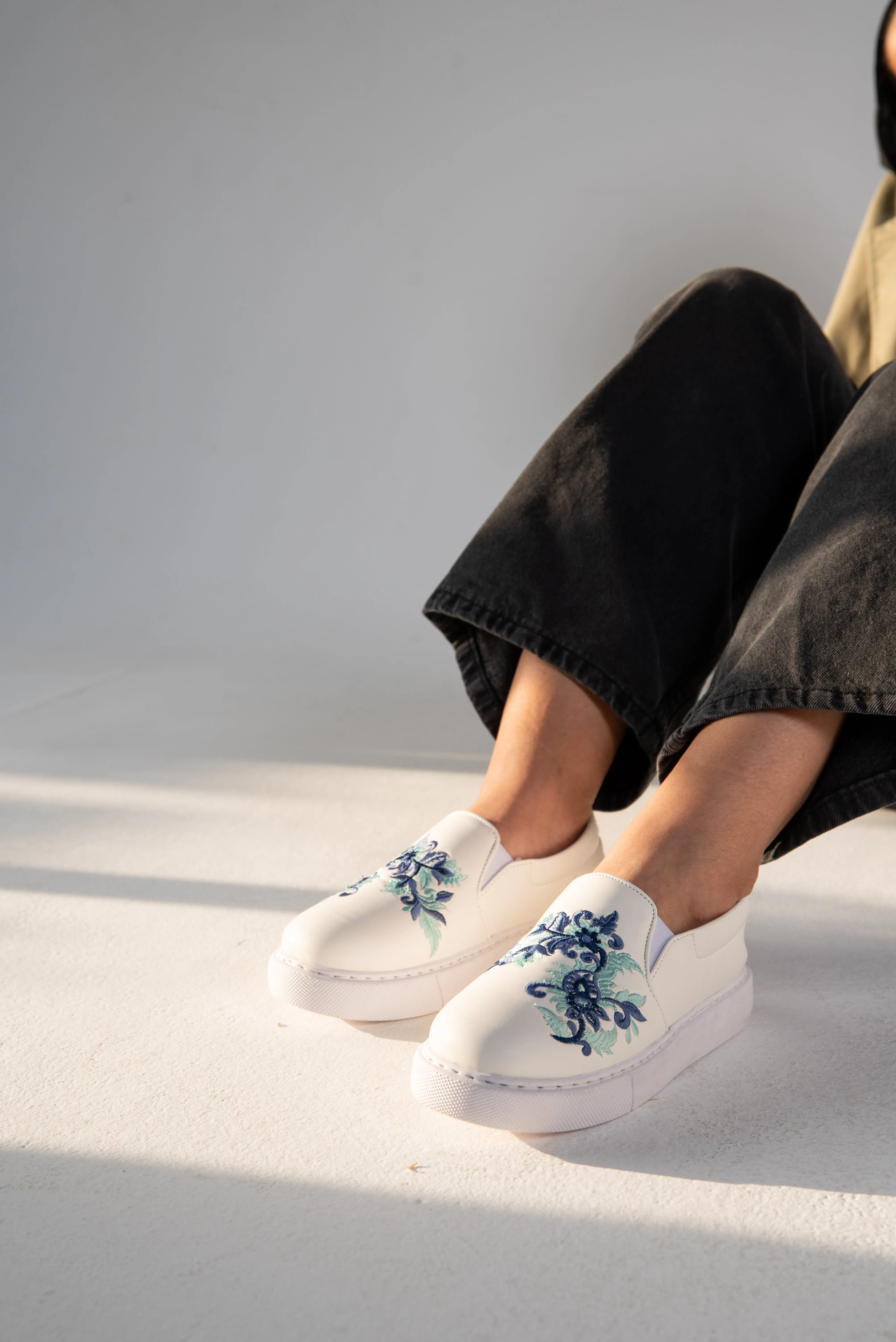 Slip-On Flower Embroidered BabyBlue Sneaker