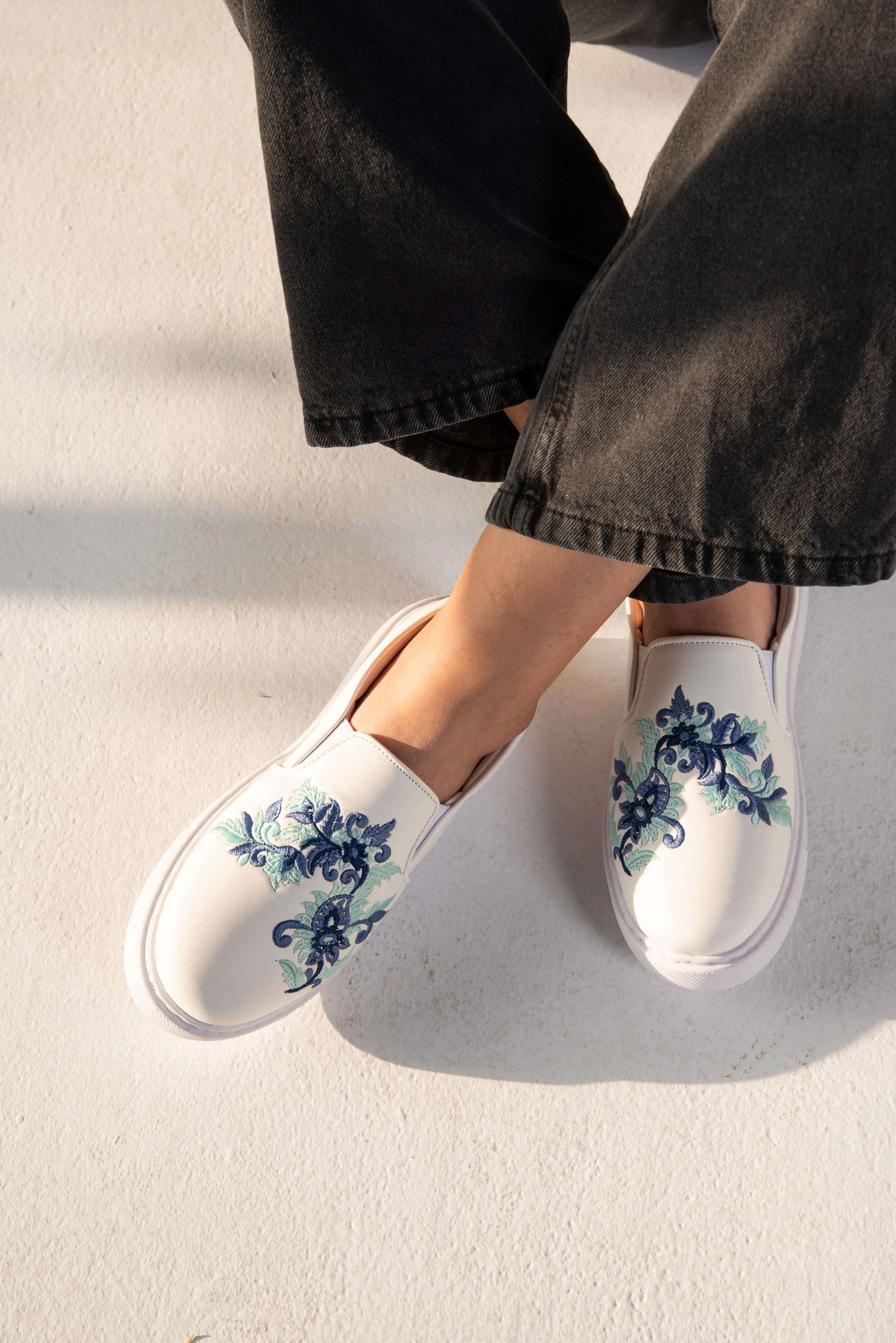 Slip-On Flower Embroidered BabyBlue Sneaker