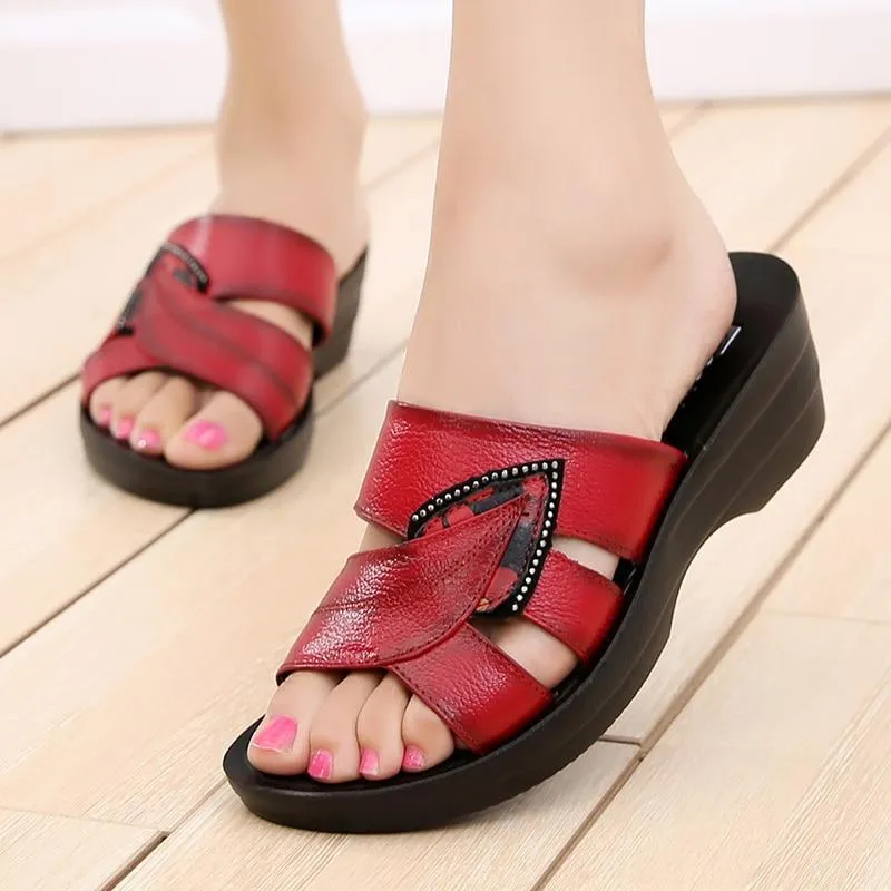 Slip On Leather Open Toe Sandals Flip Flops Wedges Platform Beach Shoes