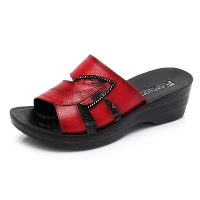 Slip On Leather Open Toe Sandals Flip Flops Wedges Platform Beach Shoes