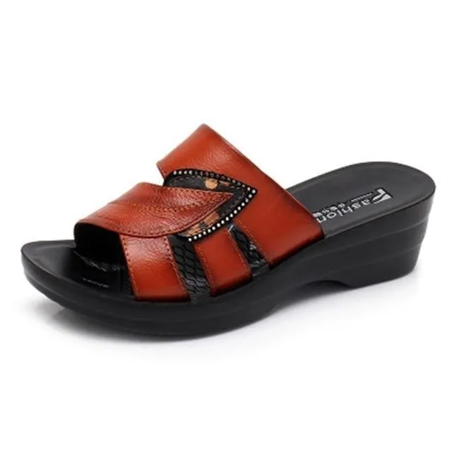 Slip On Leather Open Toe Sandals Flip Flops Wedges Platform Beach Shoes