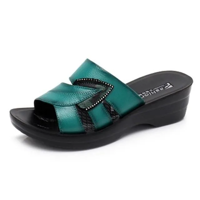 Slip On Leather Open Toe Sandals Flip Flops Wedges Platform Beach Shoes