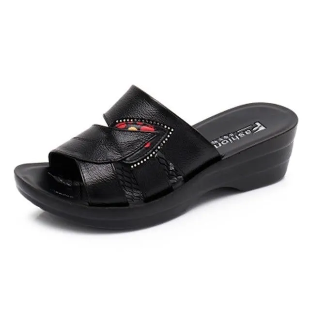 Slip On Leather Open Toe Sandals Flip Flops Wedges Platform Beach Shoes