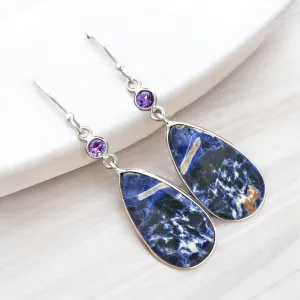 Sodalite & Amethyst Solid 925 Sterling Silver Earrings