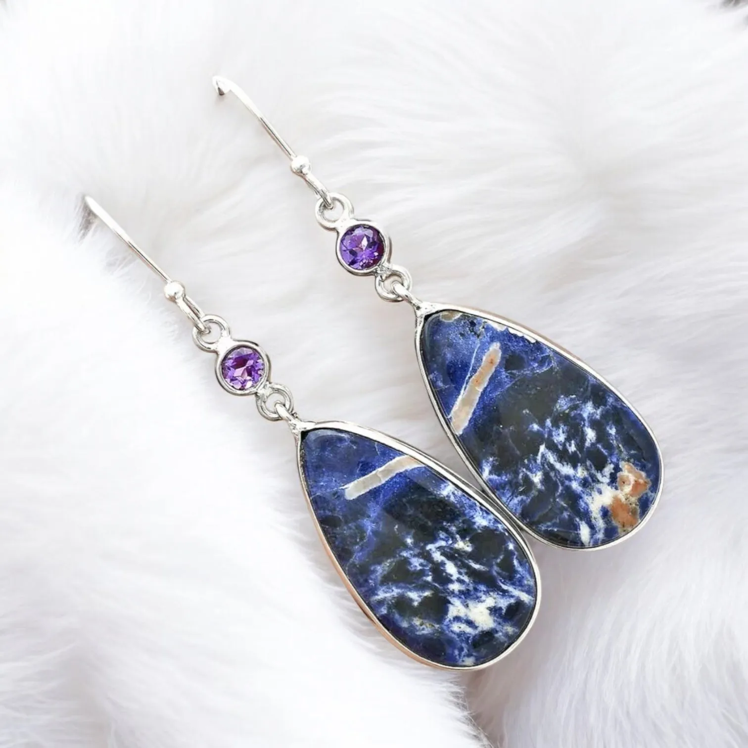 Sodalite & Amethyst Solid 925 Sterling Silver Earrings
