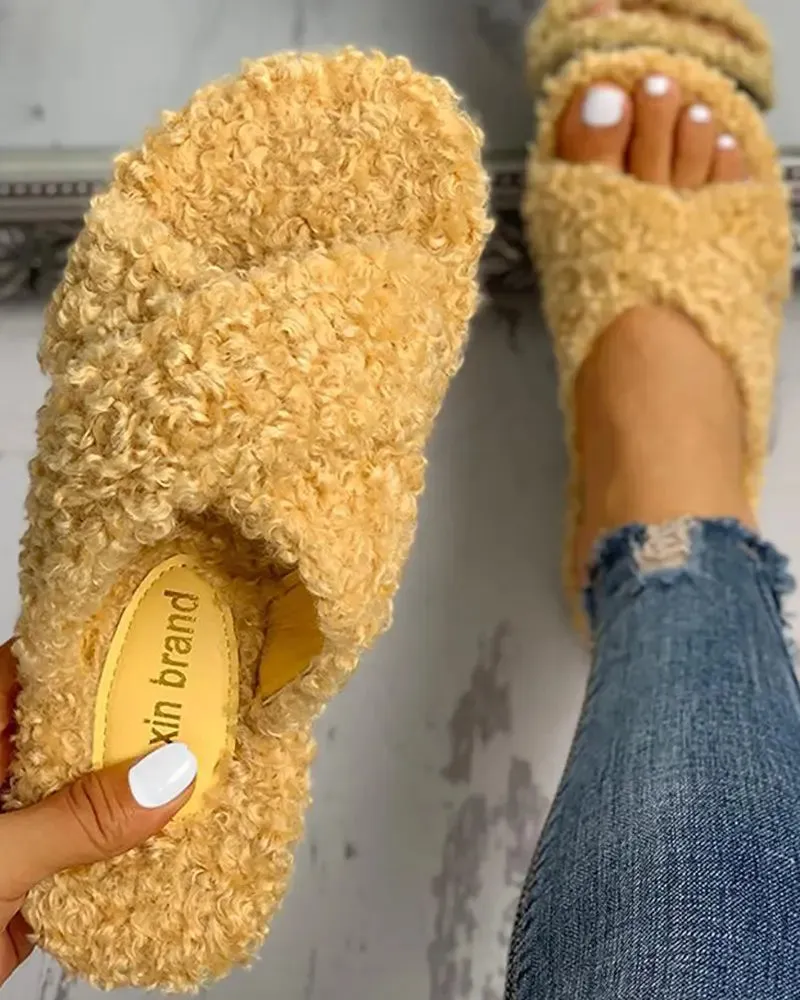 Solid Fluffy Crisscross Slippers