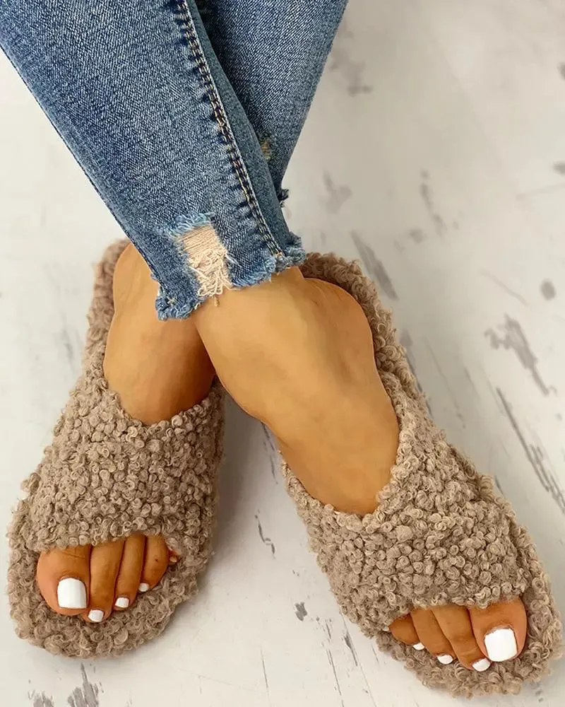 Solid Fluffy Crisscross Slippers
