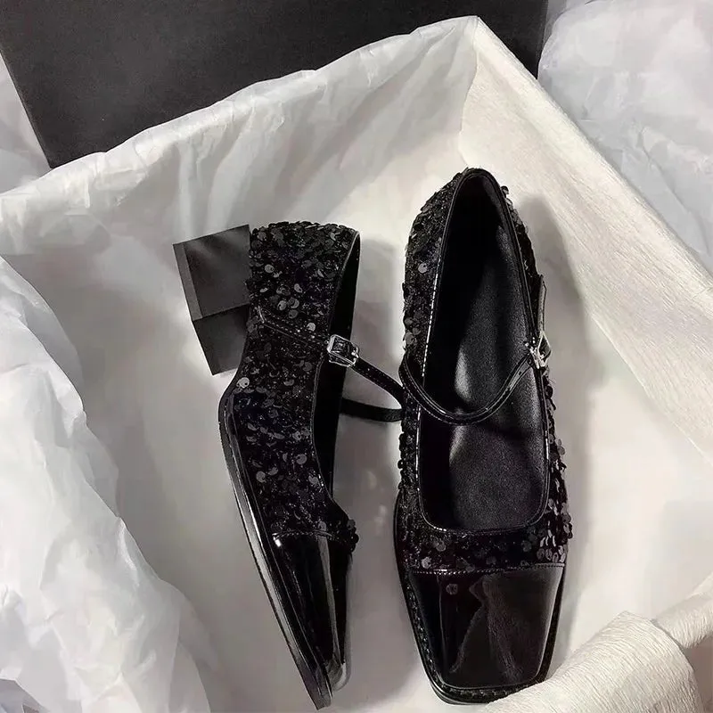 Square Toe Women's Thick Soled Mary Janes Shoes Splicing Sequined Pumps