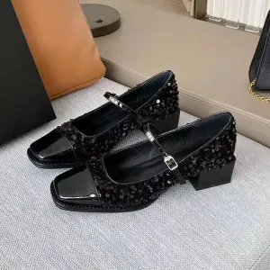 Square Toe Women's Thick Soled Mary Janes Shoes Splicing Sequined Pumps