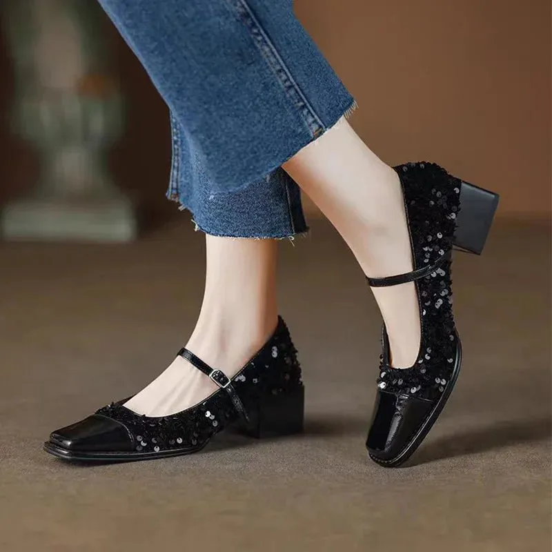 Square Toe Women's Thick Soled Mary Janes Shoes Splicing Sequined Pumps