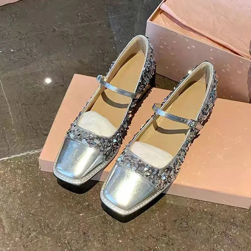 Square Toe Women's Thick Soled Mary Janes Shoes Splicing Sequined Pumps
