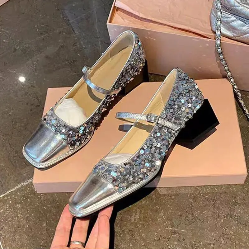 Square Toe Women's Thick Soled Mary Janes Shoes Splicing Sequined Pumps