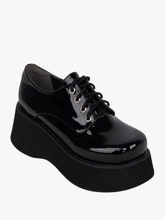 Steampunk Lolita Footwear Black Patent Leather Lace Up Round Toe PU Leather Lolita Shoes