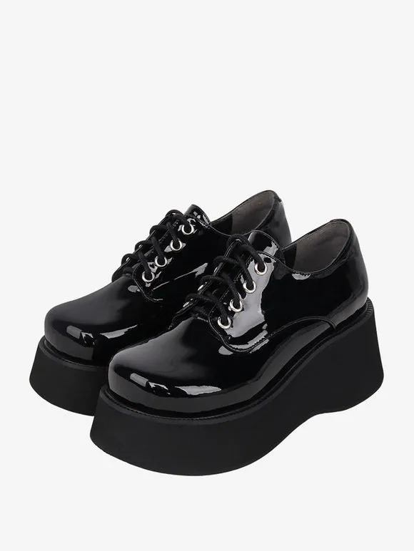 Steampunk Lolita Footwear Black Patent Leather Lace Up Round Toe PU Leather Lolita Shoes
