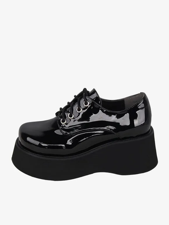 Steampunk Lolita Footwear Black Patent Leather Lace Up Round Toe PU Leather Lolita Shoes