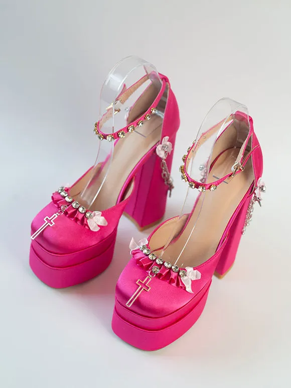 Steampunk Lolita Footwear Black Rhinestones Chains Flowers Round Toe Silk And Satin Lolita Pumps