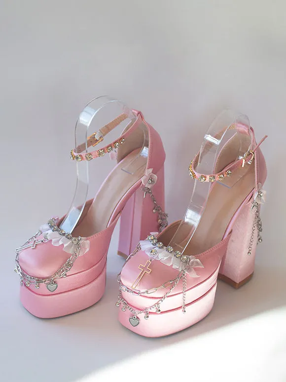 Steampunk Lolita Footwear Black Rhinestones Chains Flowers Round Toe Silk And Satin Lolita Pumps