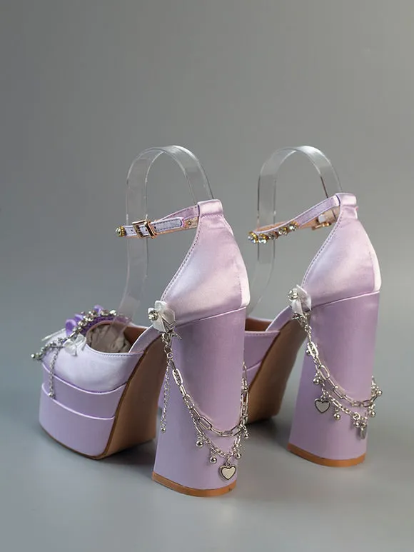 Steampunk Lolita Footwear Black Rhinestones Chains Flowers Round Toe Silk And Satin Lolita Pumps