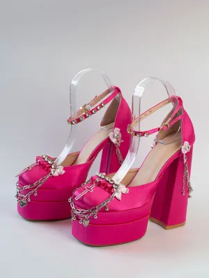 Steampunk Lolita Footwear Black Rhinestones Chains Flowers Round Toe Silk And Satin Lolita Pumps