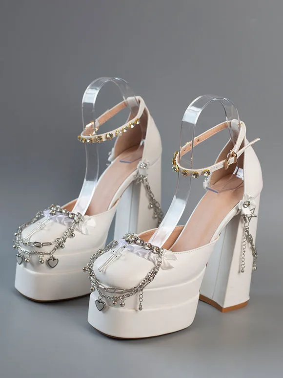 Steampunk Lolita Footwear Black Rhinestones Chains Flowers Round Toe Silk And Satin Lolita Pumps
