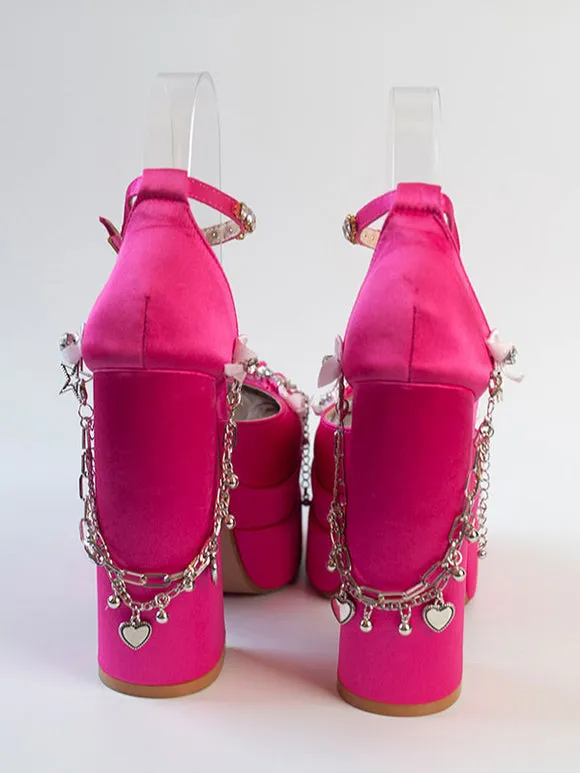 Steampunk Lolita Footwear Black Rhinestones Chains Flowers Round Toe Silk And Satin Lolita Pumps