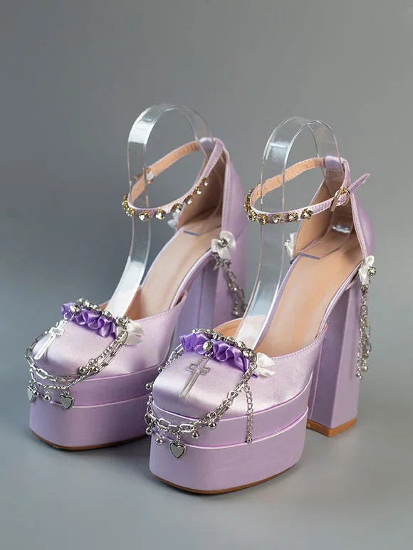 Steampunk Lolita Footwear Black Rhinestones Chains Flowers Round Toe Silk And Satin Lolita Pumps