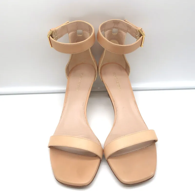 Stuart Weitzman Square Nudist Sandals Beige Leather Size 9 Ankle Strap Heels