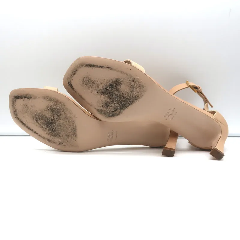 Stuart Weitzman Square Nudist Sandals Beige Leather Size 9 Ankle Strap Heels