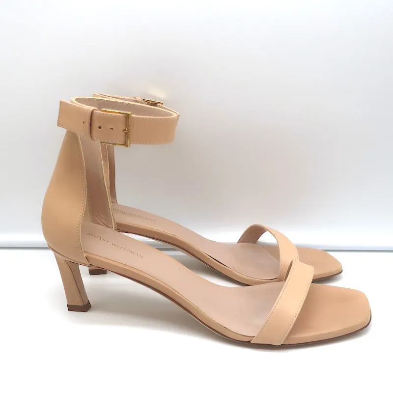 Stuart Weitzman Square Nudist Sandals Beige Leather Size 9 Ankle Strap Heels