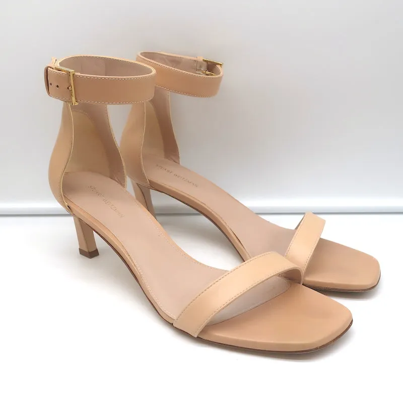 Stuart Weitzman Square Nudist Sandals Beige Leather Size 9 Ankle Strap Heels