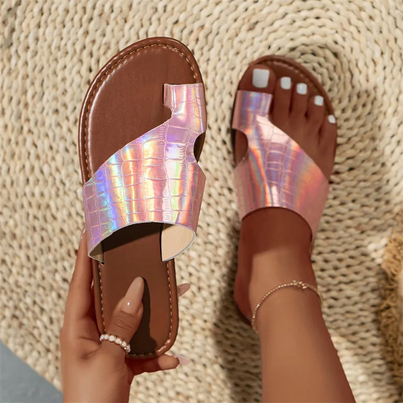 Summer Shiny Fish Scales Print Flat Toe Ring Slippers for Women