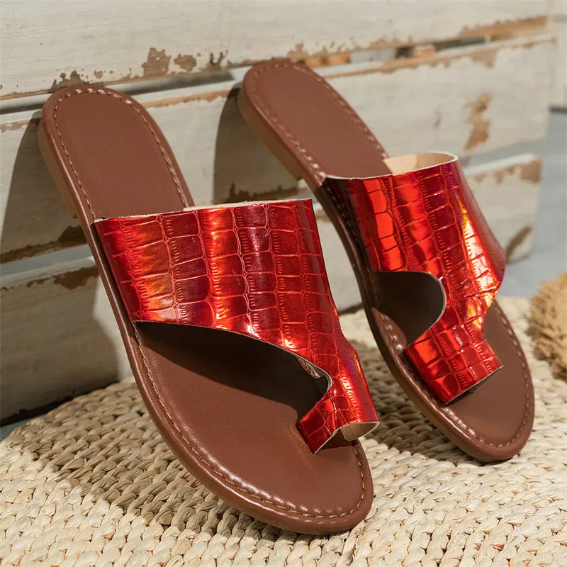 Summer Shiny Fish Scales Print Flat Toe Ring Slippers for Women