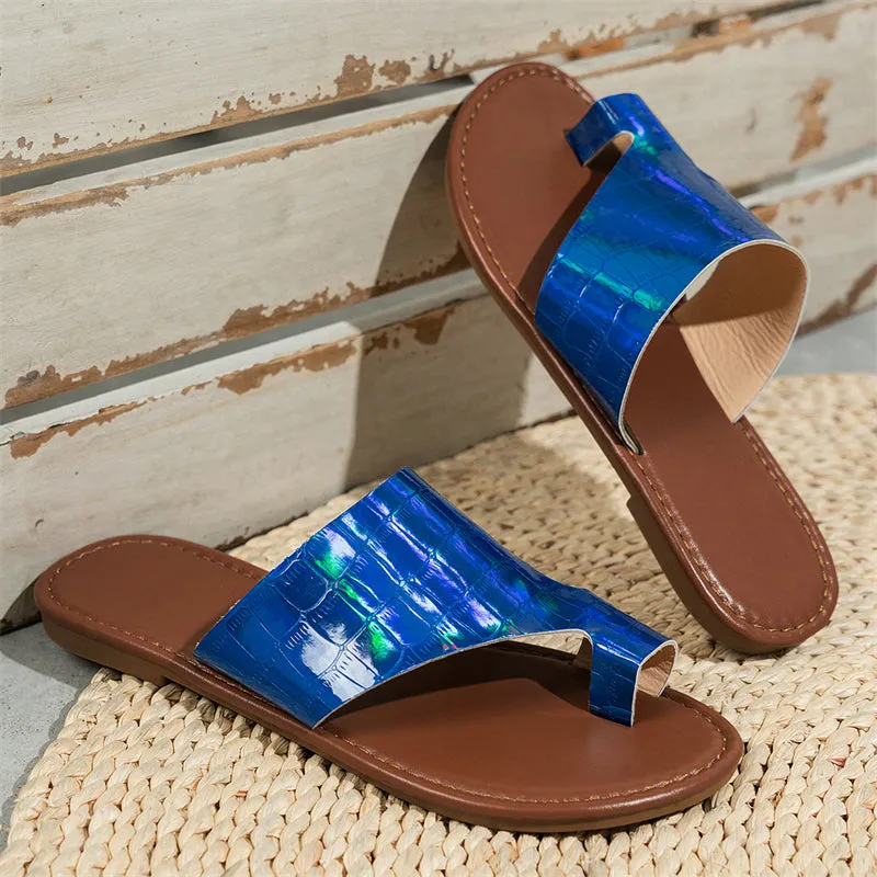 Summer Shiny Fish Scales Print Flat Toe Ring Slippers for Women