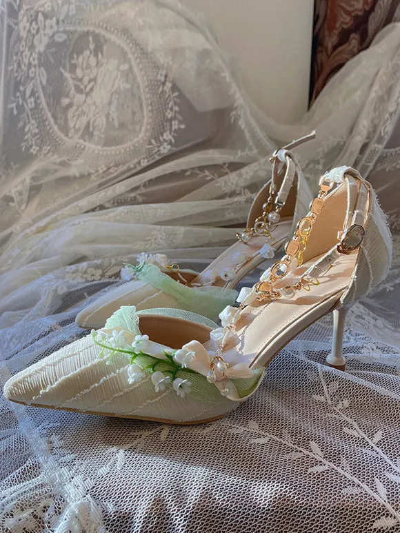 Sweet Lolita Footwear Apricot Flowers Pearls Chains Pointed Toe Textile Lolita Shoes