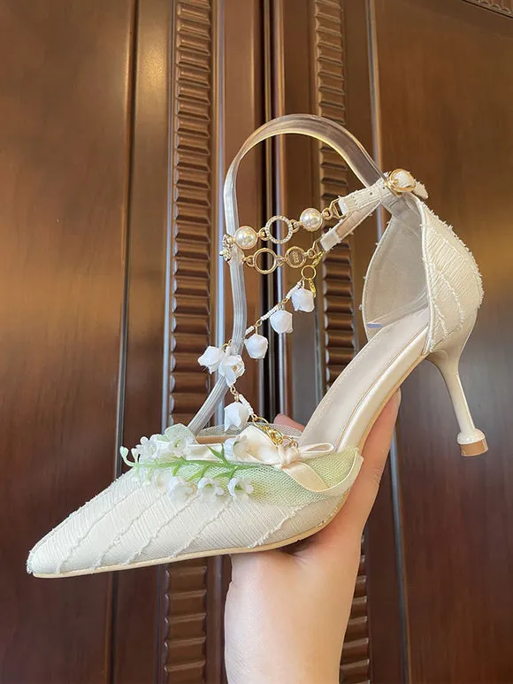 Sweet Lolita Footwear Apricot Flowers Pearls Chains Pointed Toe Textile Lolita Shoes
