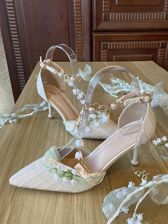Sweet Lolita Footwear Apricot Flowers Pearls Chains Pointed Toe Textile Lolita Shoes