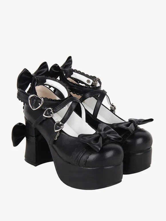 Sweet Lolita Footwear Black Bow Bows Round Toe PU Leather Lolita Pumps