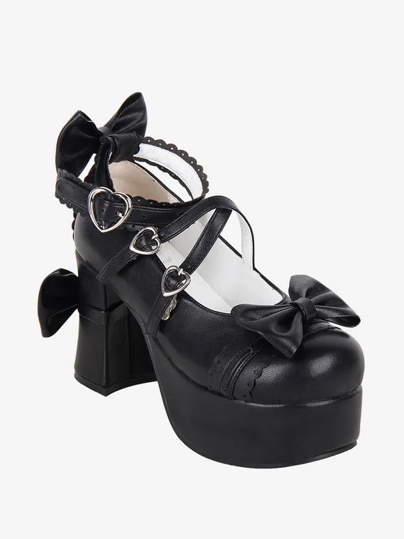 Sweet Lolita Footwear Black Bow Bows Round Toe PU Leather Lolita Pumps