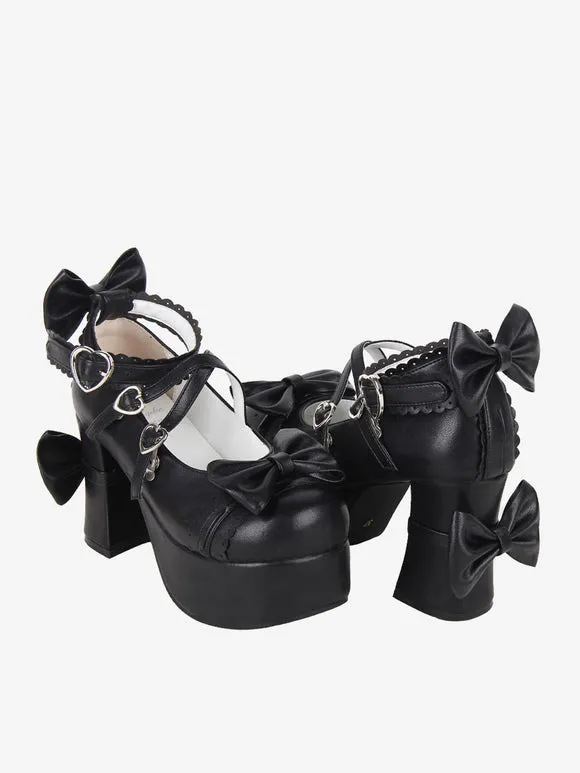Sweet Lolita Footwear Black Bow Bows Round Toe PU Leather Lolita Pumps