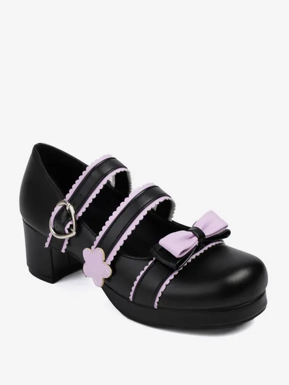 Sweet Lolita Footwear Black Bows PU Leather Chunky Heel Lolita Shoes
