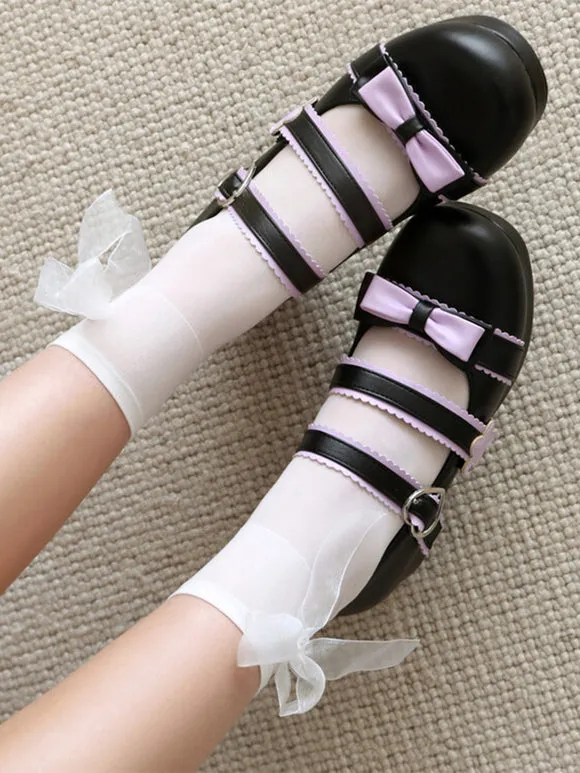 Sweet Lolita Footwear Black Bows PU Leather Chunky Heel Lolita Shoes