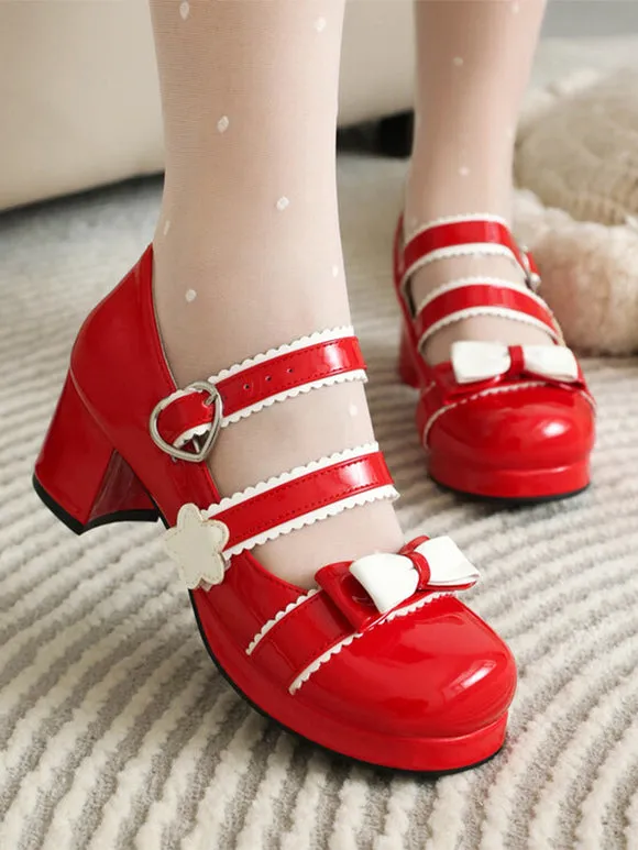 Sweet Lolita Footwear Black Bows PU Leather Chunky Heel Lolita Shoes