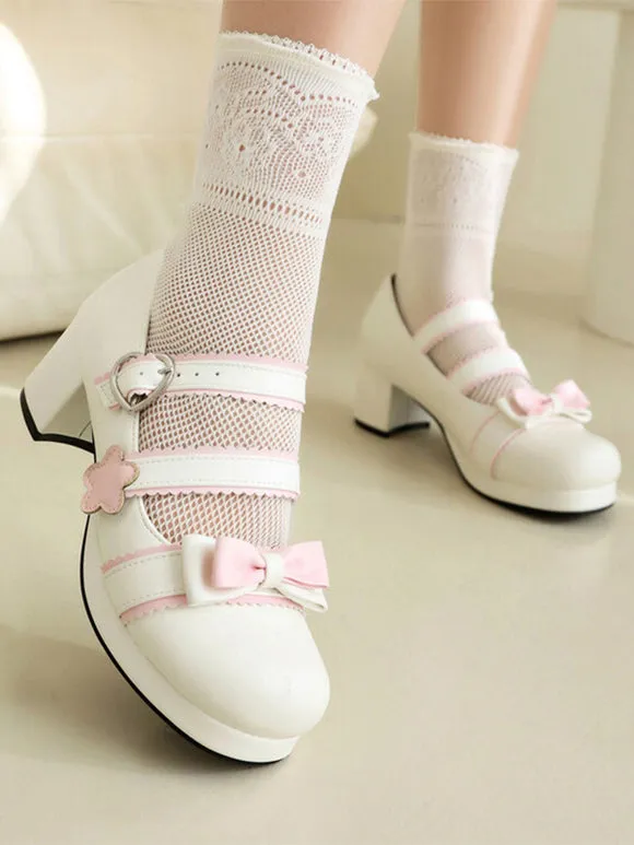 Sweet Lolita Footwear Black Bows PU Leather Chunky Heel Lolita Shoes