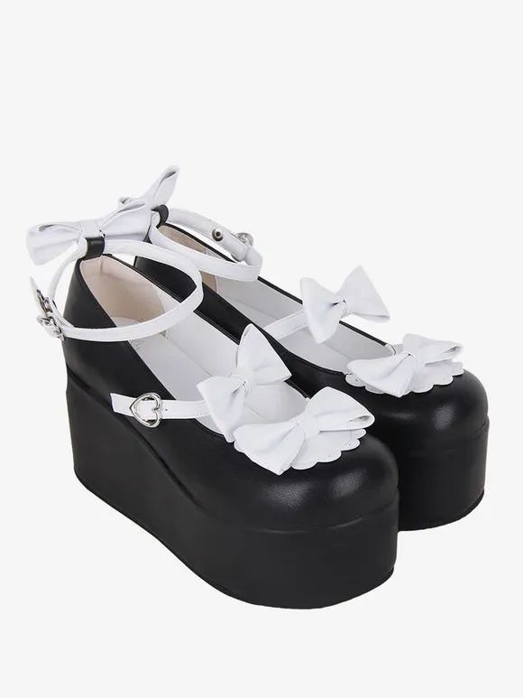 Sweet Lolita Footwear Black Butterfly Two-Tone PU Leather Wedge Heel Lolita Pumps