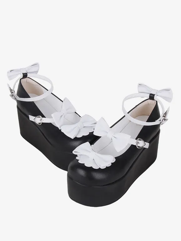 Sweet Lolita Footwear Black Butterfly Two-Tone PU Leather Wedge Heel Lolita Pumps