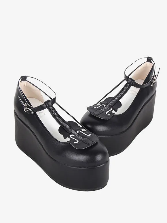Sweet Lolita Footwear Black T-Strap PU Leather Wedge Heel Lolita Shoes